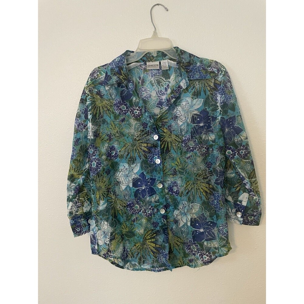 Chico's Green Button Down Collared 3/4 Sleeve Blouse Top Shirt Size 0 Sheer